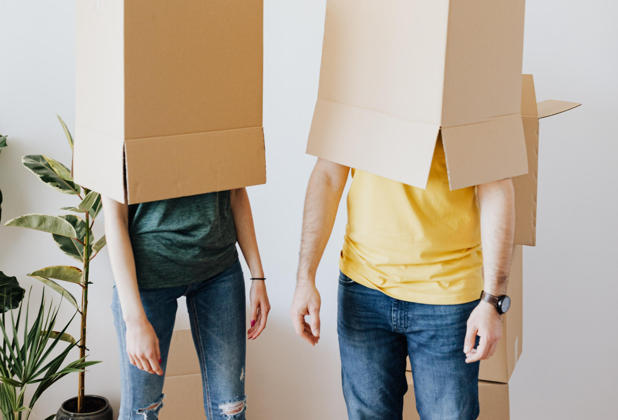 A a couple with packing boxes on their heads